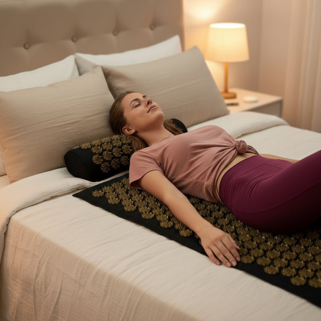 Person using an acupressure mat for sleep before bed